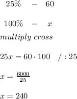 \begin{array}{ccc}25\%&-&60\\\\100\%&-&x\end{array}\\\\multiply\ cross\\\\25x=60\cdot100\ \ \ /:25\\\\x=\frac{6000}{25}\\\\x=240
