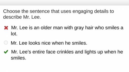 Choose the sentence that uses engaging details to describe Mr. Lee. Mr.

Lee is an older man with gr