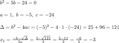 b^2-5b-24=0\\ \\a=1 , \ b=-5, \ c= -24 \\ \\ \Delta =b^2-4ac = (-5)^2 -4\cdot1\cdot (-24) = 25 +96 =121 \\ \\x_{1}=\frac{-b-\sqrt{\Delta} }{2a}=\frac{5-\sqrt{121}}{2 }=\frac{ 5-11}{2}=\frac{-6}{2}=-3