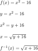 f(x)=x^2-16\\\\y=x^2-16\\\\x^2=y+16\\\\x=\sqrt{y+16}\\\\f^{-1}(x)=\sqrt{x+16}