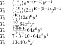 T_r={n \choose r-1}a^{n-(r-1)}b^{r-1}\\T_5={10 \choose 5-1}(2x)^{10-(5-1)}y^{5-1}\\T_5={10 \choose 4}(2x)^6y^{4}\\T_5=\frac{10!}{4!6!}64x^6y^{4}\\T_5=\frac{7\cdot8\cdot9\cdot10}{2\cdot3\cdot4}64x^6y^{4}\\T_5=7\cdot3\cdot10\cdot64x^6y^{4}\\T_5=13440x^6y^4