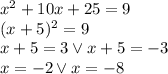 x^2+10x+25=9\\&#10;(x+5)^2=9\\&#10;x+5=3 \vee x+5=-3\\&#10;x=-2 \vee x=-8