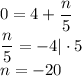 0=4+\dfrac{n}{5}\\&#10;\dfrac{n}{5}=-4|\cdot5\\&#10;n=-20