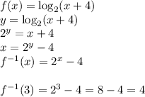 f(x)=\log_2(x+4)\\&#10;y=\log_2(x+4)\\&#10;2^y=x+4\\&#10;x=2^y-4\\&#10;f^{-1}(x)=2^x-4\\\\&#10;f^{-1}(3)=2^3-4=8-4=4