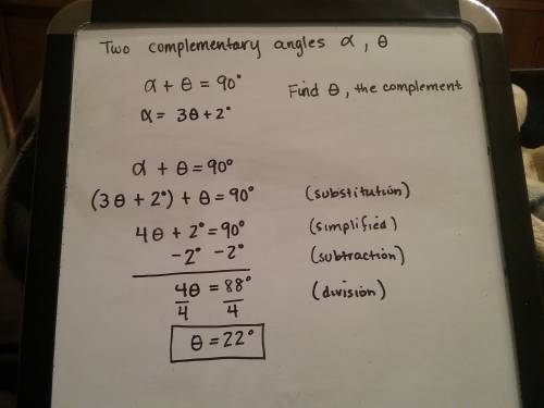 An angle measures 2 degrees more than 3 times its complement. find the measure of its complement.