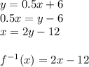 y=0.5x+6\\&#10;0.5x=y-6\\&#10;x=2y-12\\\\&#10;f^{-1}(x)=2x-12