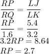 \dfrac{RP}{RQ}=\dfrac{LJ}{LK}\\&#10;\dfrac{RP}{1.6}=\dfrac{5.4}{3.2}\\&#10;3.2RP=8.64\\&#10;RP=2.7