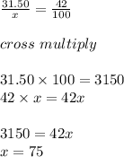 \frac{31.50}{x} = \frac{42}{100}\\\\cross\ multiply\\\\31.50\times100=3150\\42\times x=42x\\\\3150=42x\\x=75