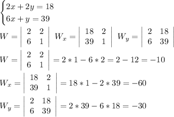 \begin{cases} 2x+2y=18 \\ 6x+y=39 \end{cases} \\ \\ W=\left|\begin{array}{ccc}2&2\\6&1\end{array}\right| \ W_{x}=\left|\begin{array}{ccc}18&2\\39&1\end{array}\right| \ W_{y}=\left|\begin{array}{ccc}2&18\\6&39\end{array}\right| \\ \\ W=\left|\begin{array}{ccc}2&2\\6&1\end{array}\right|=2*1-6*2=2-12=-10 \\ \\ W_{x}=\left|\begin{array}{ccc}18&2\\39&1\end{array}\right|=18*1-2*39=-60 \\ \\ W_{y}=\left|\begin{array}{ccc}2&18\\6&39\end{array}\right|=2*39-6*18=-30
