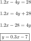 1.2x-4y=28\\\\1.2x = 4y + 28\\\\1.2x - 28 = 4y\\\\\boxed{y = 0.3x - 7}\\\\