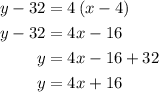\begin{aligned}y-32&=4\left({x-4}\right)\\y-32&=4x-16\\y&=4x-16+32\\y&=4x+16\\\end{aligned}