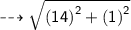 \dashrightarrow{ \sf{ \sqrt{ {(14)}^{2}  +  {(1)}^{2} } }}