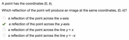 A point has the coordinates (0, k).

Which reflection of the point will produce an image at the same