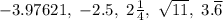 -3.97621,\ -2.5,\ 2\frac{1}{4},\ \sqrt{11},\ 3.\overline{6}