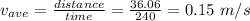 v_{ave}=\frac{distance}{time} =\frac{36.06}{240} =0.15\,\,m/s