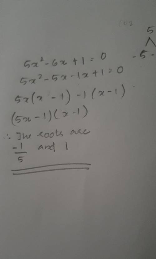 The sum of the roots of the quadratic 5x^2 - 6x + 1 = 0 is
