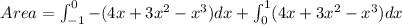 \ Area = \int_{-1}^{0} -(4x+3x^2-x^3) dx  + \int_{0}^{1} (4x+3x^2-x^3) dx  \\\\