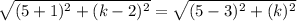 \sqrt{(5+1)^2+(k-2)^2} =\sqrt{(5-3)^2+(k)^2}