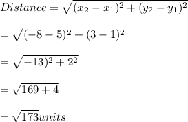 Distance = \sqrt{(x_2-x_1)^{2} + (y_2-y_1)^{2}}\\\\ =\sqrt{(-8-5)^{2}+(3-1)^{2}}\\\\=\sqrt{-13)^{2}+2^{2}}\\\\=\sqrt{169+4}\\\\=\sqrt{173}units