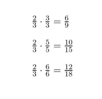 Find three equivalent fractions for 2/3 by multiplying by 3/3, 5/5 and 6/6. What property of multipl