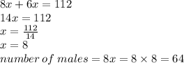 8x + 6x = 112 \\ 14x = 112 \\ x =  \frac{112}{14}  \\ x = 8 \\ number \: of \: males = 8x = 8 \times 8 = 64  \\