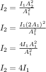 I_2 = \frac{I_1A_2^2}{A_1^2} \\\\I_2 = \frac{I_1(2A_1)^2}{A_1^2} \\\\I_2 = \frac{4I_1A_1^2}{A_1^2}\\\\ I_2 = 4I_1