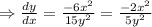 \Rightarrow \frac{dy}{dx}=\frac{-6x^2}{15y^2}=\frac{-2x^2}{5y^2}