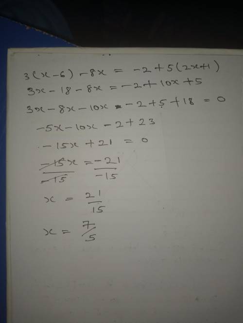 What value of x makes the equation 3(x-6) - 8x=-2+5(2x+1) true
