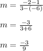 m = \frac{-2 - 1}{3 - (-6)}\\\\m = \frac{-3}{3 + 6}\\\\m = \frac{-3}{9}