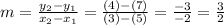 m = \frac{y_{2} - y_{1}}{x_{2} - x_{1}} = \frac{(4) - (7)}{(3) - (5)} = \frac{-3}{-2} = \frac{3}{2}