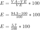 E= \frac{VA-VE}{VE}*100\\\\E= \frac{94.3-100}{100}*100\\\\E= \frac{5.7}{100}*100%\\\\E= 5.7%