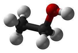 A molecule of ethanol has two carbon atoms, six hydrogen atoms, and one oxygen atom. A ball-and-stic