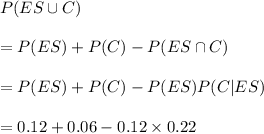 P(ES \cup C)\\\\ = P(ES) + P(C) - P(ES\cap C)\\\\ = P(ES) + P(C) - P(ES) P (C | ES)\\\\ = 0.12 + 0.06 - 0.12 \times 0.22