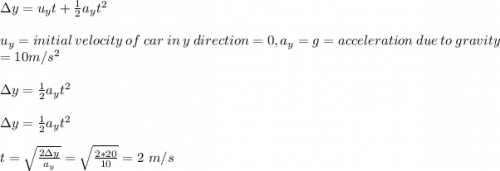 \Delta y = u_yt+ \frac{1}{2}a_yt^2\\ \\u_y=initial\ velocity\ of \ car\ in\ y\ direction = 0,a_y=g=acceleration\ due\ to\ gravity\\=10m/s^2\\\\\Delta y =  \frac{1}{2}a_yt^2\\\\\Delta y=\frac{1}{2}a_yt^2\\\\t=\sqrt{\frac{2\Delta y}{a_y} }=\sqrt{\frac{2*20}{10} }  =2\ m/s