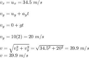 v_x=u_x=34.5\ m/s\\\\v_y=u_y+a_yt\\\\v_y=0+gt\\\\v_y=10(2)=20\ m/s\\\\v=\sqrt{v_x^2+v_y^2}=\sqrt{34.5^2+20^2}=39.9\ m/s\\ v=39.9\ m/s