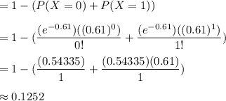 =1- (P(X=0)+P(X=1))\\\\=1-( \dfrac{(e^{-0.61}) ((0.61)^0)}{  0!}+\dfrac{(e^{-0.61}) ((0.61)^1)}{  1!})\\\\= 1-( \dfrac{(0.54335) }{ 1}+\dfrac{(0.54335) (0.61)}{  1})\\\\\approx0.1252