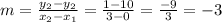 m=\frac{y_2-y_2}{x_2-x_1}=\frac{1-10}{3-0}=\frac{-9}{3}=-3