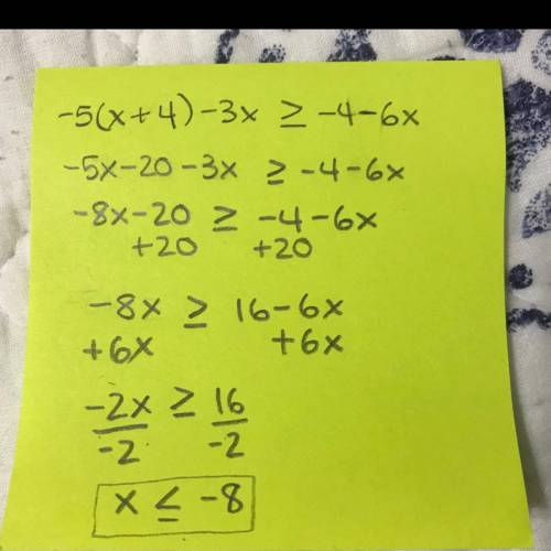 -5(x+4)-3x greater than or equal to -4-6x