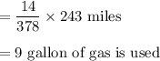= \dfrac{14}{378}\times 243\ \text{miles}\\\\=9\ \text{gallon of gas is used}