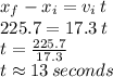 x_f-x_i=v_i\,t\\225.7 = 17.3\,t\\t= \frac{225.7}{17.3} \\t\approx 13\, seconds