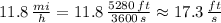 11.8\,  \frac{mi}{h} =11.8 \,\frac{5280\,ft}{3600\,s} \approx 17.3\,\frac{ft}{s}