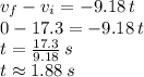 v_f-v_i=-9.18 \,t\\0-17.3=-9.18\,t\\t=\frac{17.3}{9.18} \,s\\t\approx 1.88\,s