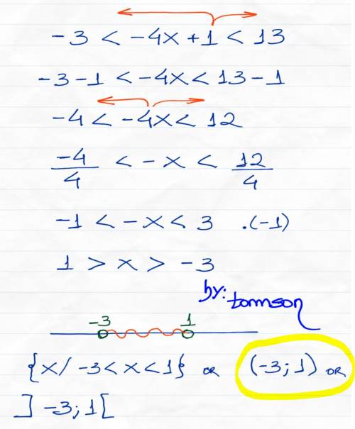 Solve
-3 < -4x + 1 < 13
A. (-3,1)
B. [-3,1]
C. (4,2)
D. [4,2]