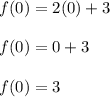 f(0) = 2(0)+3\\\\f(0) = 0+3\\\\f(0) =3