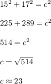 15^2 + 17^2 = c^2\\\\225+289 = c^2\\\\514 = c^2\\\\c = \sqrt{514}\\\\c \approx 23