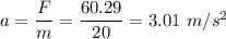 a=\dfrac{F}{m}=\dfrac{60.29}{20}=3.01\ m/s^2