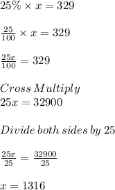 25\% \times x = 329\\\\\frac{25}{100} \times x =329\\\\\frac{25x}{100} =329\\\\Cross\:Multiply\\25x = 32900\\\\Divide\:both\:sides\:by\:25\\\\\frac{25x}{25} =\frac{32900}{25} \\\\x =1316