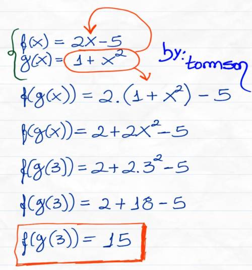 Find f(g(3)).
f(x) = 2x-5
g(x) = 1+x^2
f(g(3)) = ?