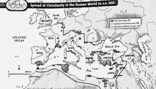 2. What was the extent (north to south-east to west) of
Christianity's spread by AD 500?