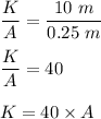 \dfrac{K}{A}=\dfrac{10\ m}{0.25\ m}\\\\\dfrac{K}{A}=40\\\\K=40\times A